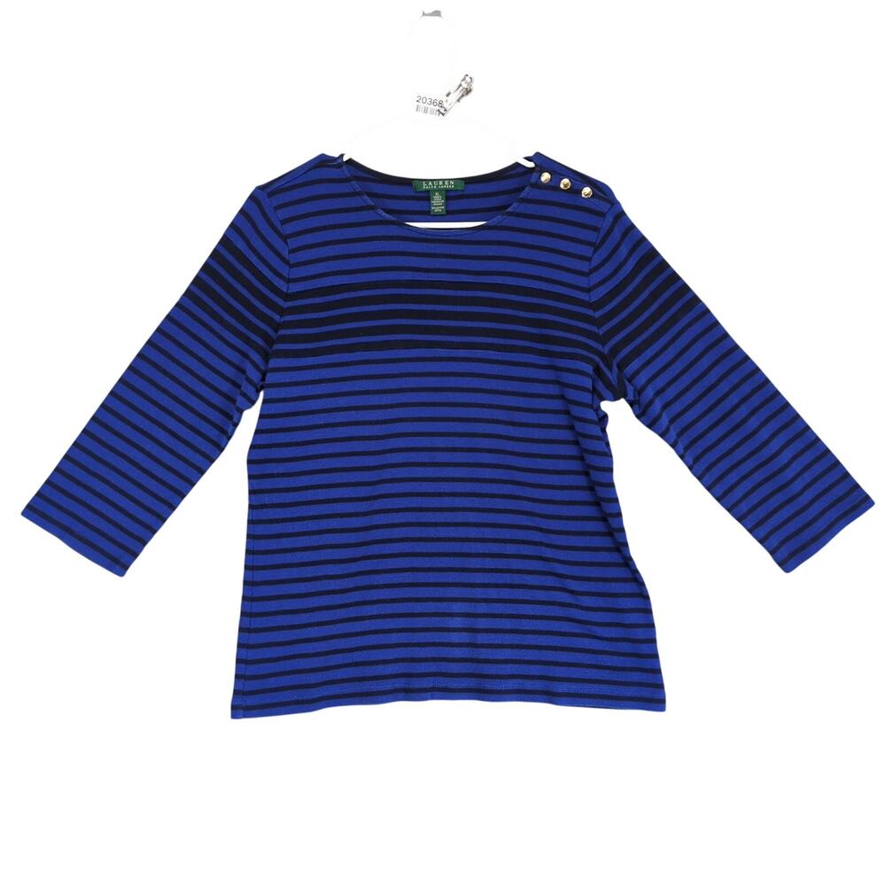 LRL Ralph Lauren Women's XL Blue Black Striped Top,‎ Nautical Preppy Coastal